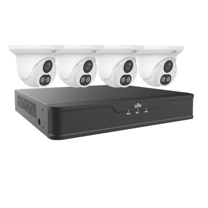 Uniview Dual Light 4 Channel Surveillance Kit with (4) 4MP Turret Domes, (1) 4K 4 Channel NVR and 1TB HDD