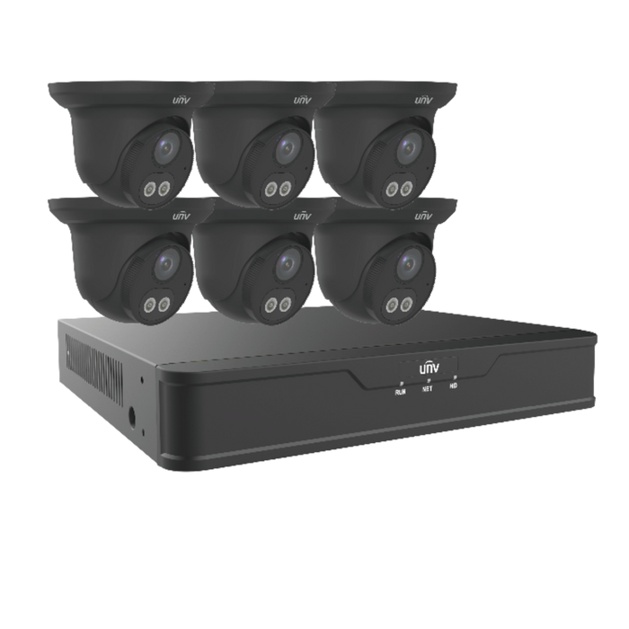 Uniview Dual Light 8 Channel Surveillance Kit with (6) 4MP Turret Domes In Black, (1) 4K 8 Channel NVR and 2TB HDD