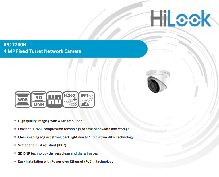 Hikvision OEM IPC-T240H 4 MP Fixed Turret IP Network Camera 3D DNR 120 dB True WDR 2.8mm