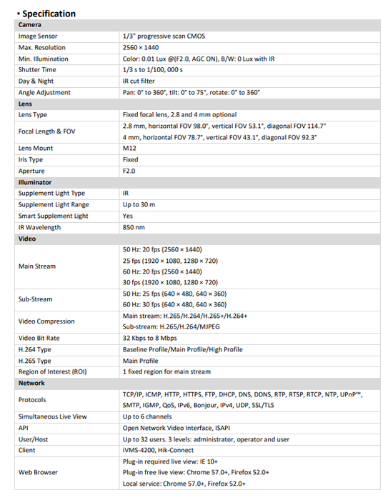Hikvision OEM IPC-T240H 4 MP Fixed Turret IP Network Camera 3D DNR 120 dB True WDR 2.8mm