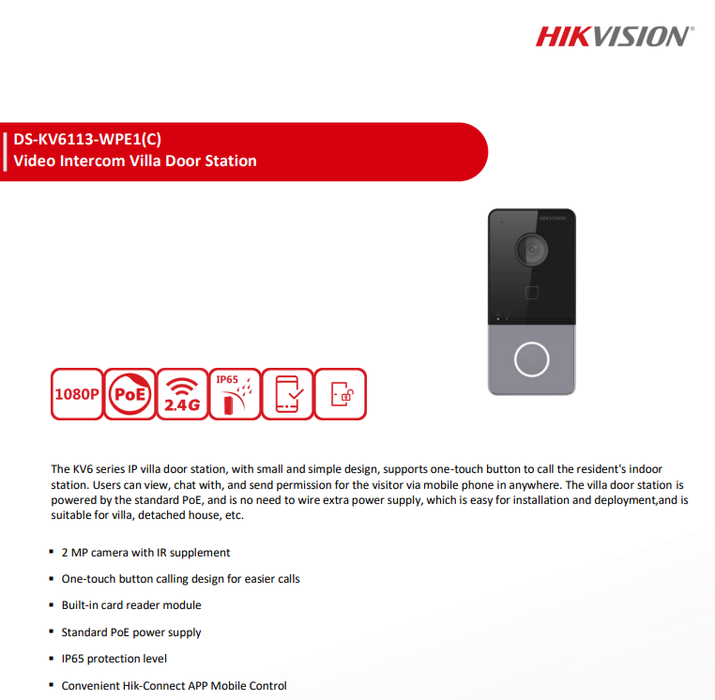 Hikvision 2MP DS-KV6113-WPE1(C) POE/Wifi Villa Door Station One-Touch Button Built-in Card Reader Module