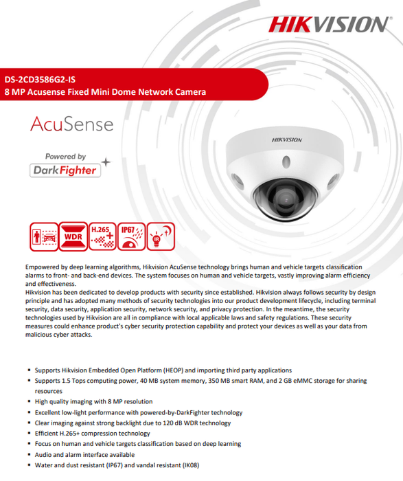 Hikvision DS-2CD3586G2-IS 8 MP Acusense Fixed Mini Dome IP Network Camera Audio & Alarm Interface Available DarkFighter 2.8mm