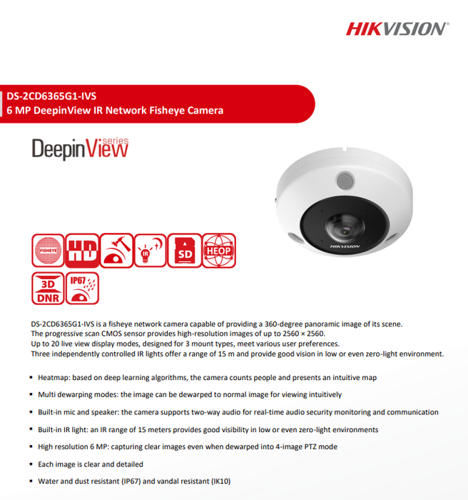 Hikvision DS-2CD6365G1-IVS 6 MP DeepinView Fisheye IP Network Camera Built-in Mic & Speaker Built-in IR Light 1.16MM