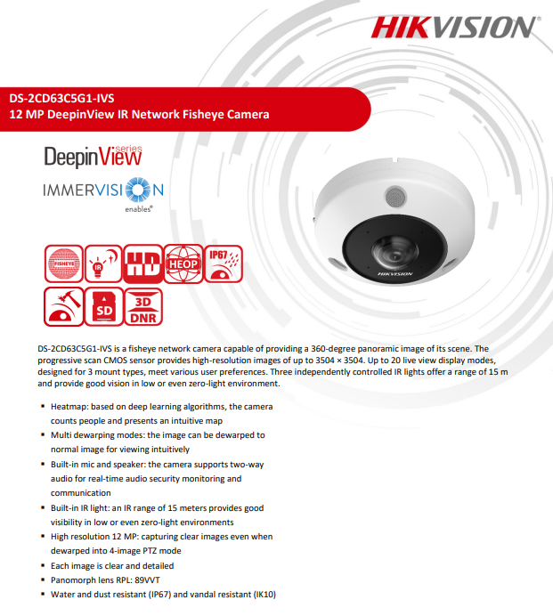 Hikvision DS-2CD63C5G1-IVS 12 MP DeepinView Fisheye IP Network Camera Multi Dewarping Modes Built-in Mic & Speaker Built-in IR Light 1.29MM