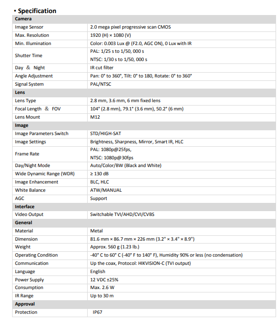 Hikvision DS-2CE16D8T-IT 2MP Ultra Low Light Fixed Bullet Camera 3.6mm TVI/AHD/CVI/CVBS US Version