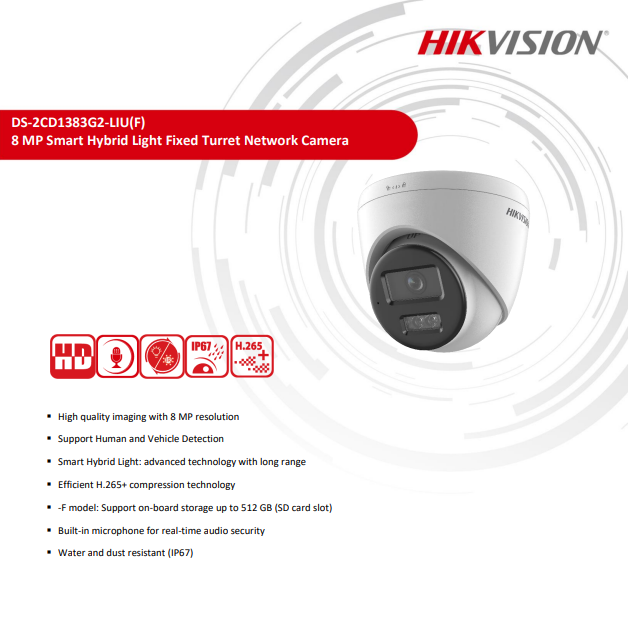 Cámara domo IP de torreta Hikvision DS-2CD1343G2-LIUF de 4 MP con visión nocturna, luz híbrida inteligente Acusense, luces LED blancas visibles, gran angular de 2,8 mm, IP67, micrófono integrado, compatible con NVR Hikvision (copia) 