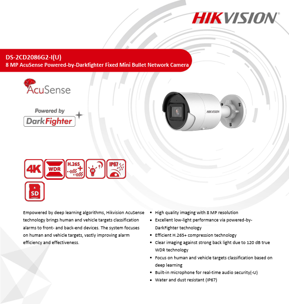 Hikvision AcuSense DS-2CD2086G2-IU 2.8mm 8MP(4K) IR Outdoor Bullet Security Camera POE IP67 H.265+ English Version Upgrade IP Camera