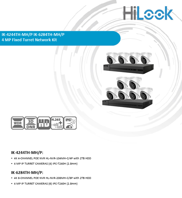 Hikvision OEM HiLook 4K IP Kit 4PC 4MP IP camera and 4CH NVR with 2TB HDD included