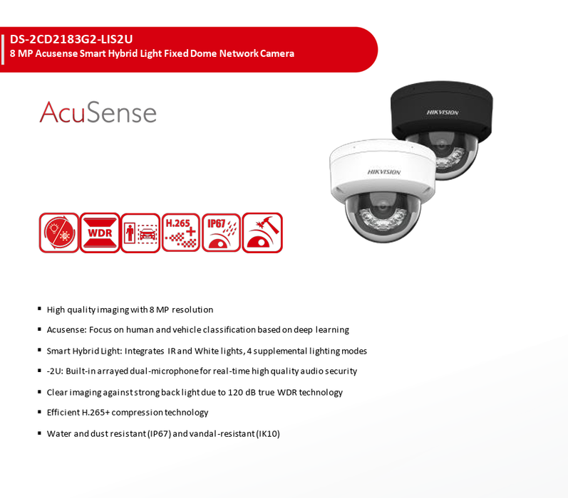 Hikvision Unbranded OEM 4K 8MP IP Camera DS-2CD2183G2-LIS2U Built-in Dual Mic Smart Hybrid Light