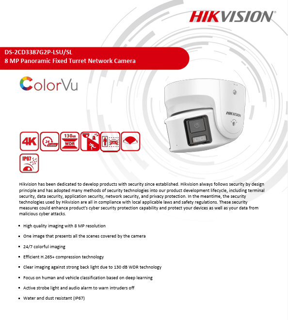 Hikvision DS-2CD3387G2P-LSU/SL ColorVu 8MP Panoramic Turret IP Camera, 4mm Fixed Lens