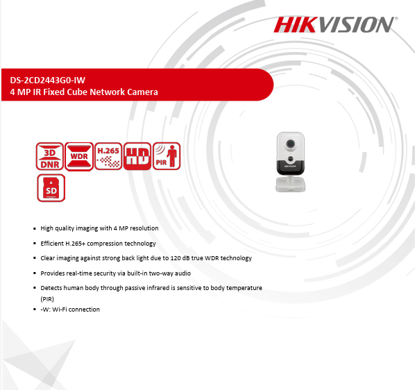 Cámara Hikvision DS-2CD2443G2-IW para interiores, PoE, 4 MP, lente de 2,8 mm, ranura para tarjeta SD integrada, Wi-Fi, audio bidireccional y sin interfaz web.