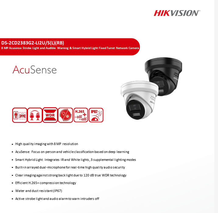 Hikvision 4K 8 MP Acusense DS-2CD2383G2-LI2U/SRB Built-in Dual Mic Smart Hybrid Light Strobe Light & Audible Warning 2.8mm