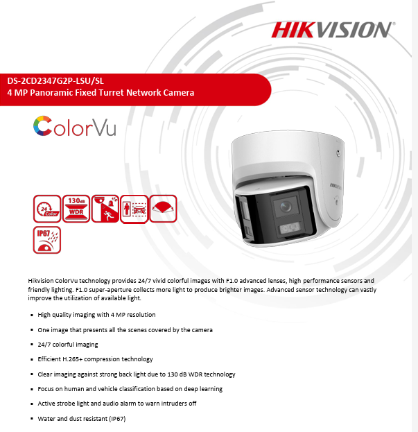 Hikvision DS-2CD2347G2P-LSU/SL 4MP Panoramic 24/7 Color Image Human & Vehicle Detection