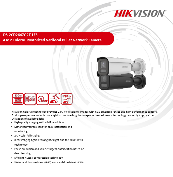 Hikvision DS-2CD2647G2T-LZS 4MP ColorVu Motorized Varifocal Bullet IP Camera 2.8-12MM