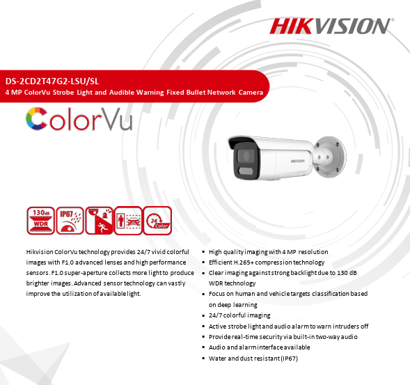 Hikvision DS-2CD2T47G2-LSU/SL 4MP ColorVu Strobe Light & Audible Warning Human & Vehicle Detection 4MM