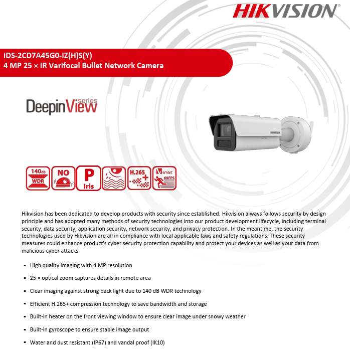 Hikvision iDS-2CD7A45G0-IZHSY 4MP DeepinView Moto Varifocal IP Bullet Camera 4.7-118MM