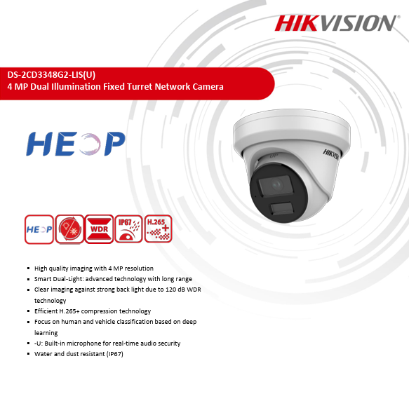 Hikvision DS-2CD3348G2-LISU 4MP Dual Illumination Fixed IP Turret Network Camera 2.8MM