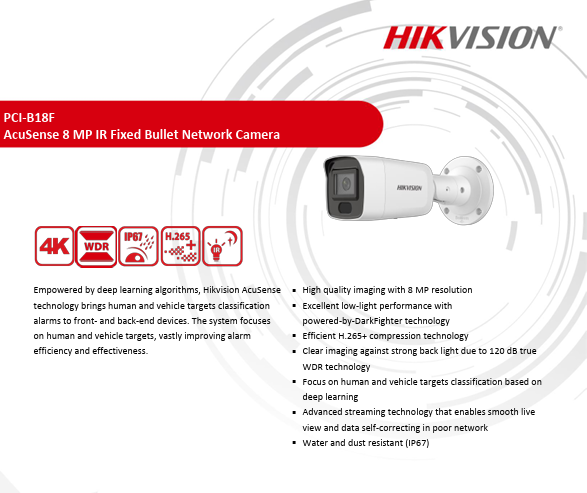 Hikvision PCI-B18F2S 4K 8MP AcuSense Fixed Mini Bullet IP Network Camera DarkFighter 2.8mm