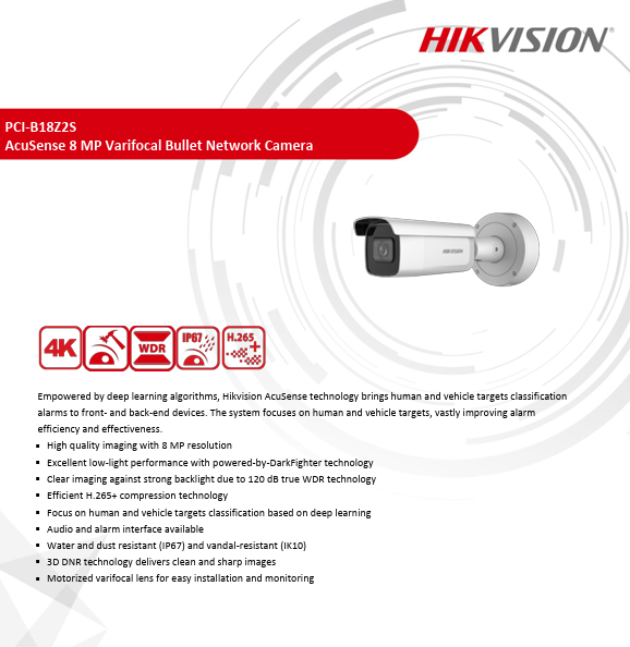 Hikvision PCI-B18Z2S 4K 8MP AcuSense Varifocal Bullet IP camera DarkFighter Human & Vehicle Detection 2.7-13.5MM
