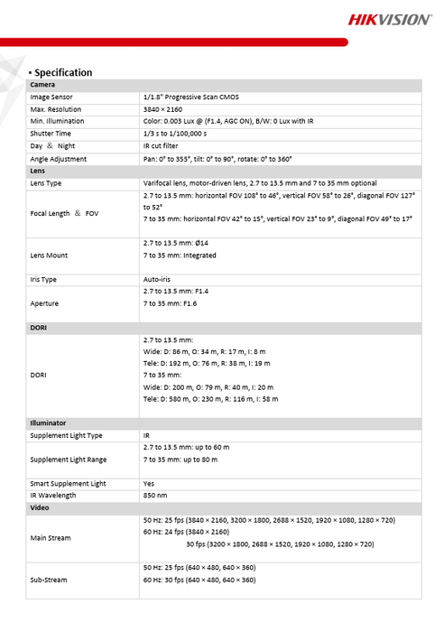 Hikvision PCI-B18Z2S 4K 8MP AcuSense Varifocal Bullet IP camera DarkFighter Human & Vehicle Detection 2.7-13.5MM