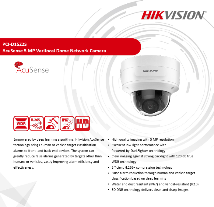 Hikvision PCI-D15Z2S 5MP AcuSense Varifocal IP Dome Camera DarkFighter Human & Vehicle Detection  2.7-13.5MM