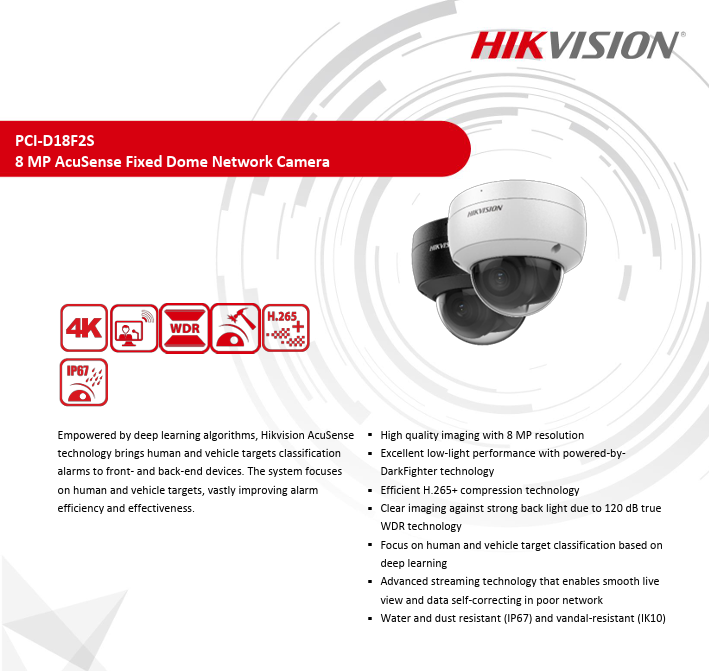 Hikvision PCI-D18F2S 4K 8MP AcuSense Fixed Dome Network IP Camera DarkFighter 2.8mm