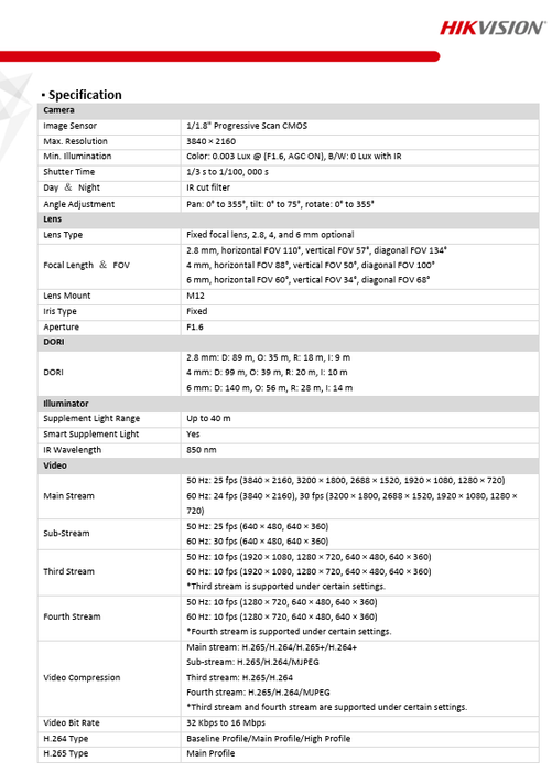 Hikvision PCI-D18F2S 4K 8MP AcuSense Fixed Dome Network IP Camera DarkFighter 2.8mm