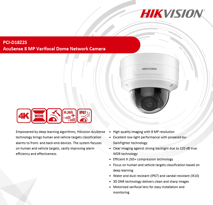 Hikvision PCI-D18Z2S 4K 8MP AcuSense Varifocal Dome IP Camera DarkFighter 2.7-13.5MM