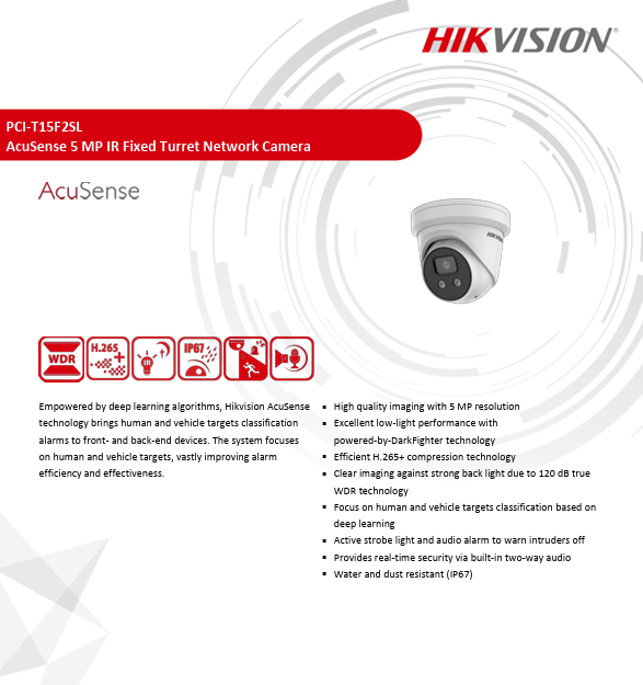 Hikvision PCI-T15F2SL 5MP AcuSense Strobe Light & Audible Warning Fixed Turret IP Network Camera 2.8MM