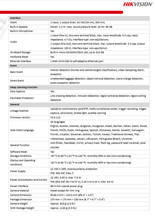Hikvision PCI-T15F2SL 5MP AcuSense Strobe Light & Audible Warning Fixed Turret IP Network Camera 2.8MM