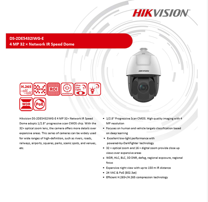 Hikvision DS-2DE5432IWG-E 4MP DarkFighter IR Network Smart Tracking PTZ Camera 32X Optical Zoom & 16X Digital Zoom 5.9-188.8 mm Lens