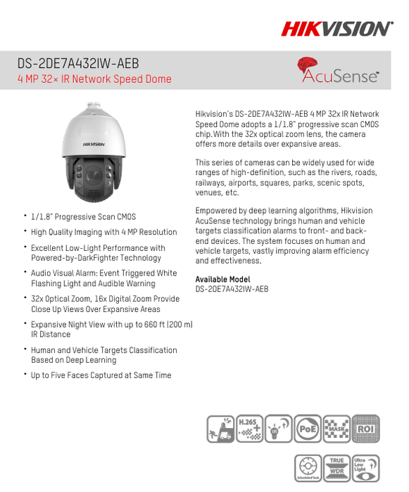 Hikvision DS-2DE7A432IW-AEB 7inch 4MP 32X DarkFighter IR IP PTZ Camera Audio Visual Alarm 32X Optical Zoom & 16X Digital Zoom 5.9-188.8 MM