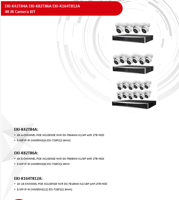 Hivision 4K 8CH KIT EKI-K82T86A 6PC 4K 8MP IP camera  ECI-T28F2 2.8MM 1PC 4K 8CH K Series NVR  W/2TB HDD