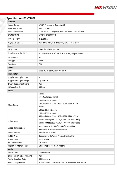 Hivision 4K 8CH KIT EKI-K82T86A 6PC 4K 8MP IP camera  ECI-T28F2 2.8MM 1PC 4K 8CH K Series NVR  W/2TB HDD