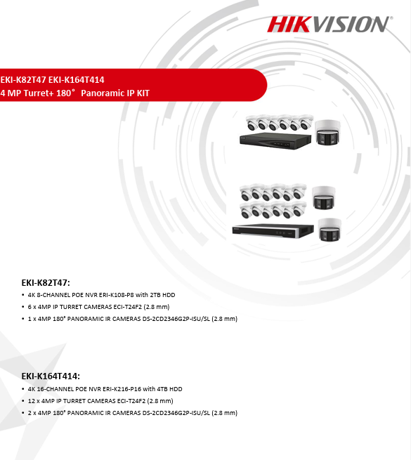 Hikvision 4K 8CH KIT EKI-K82T47 6PC 4MP IP Camera IR 2.8mm 1PC 4MP Panoramic AcuSense IP Camera 1PC 4K 8CH NVR W/2TB HDD