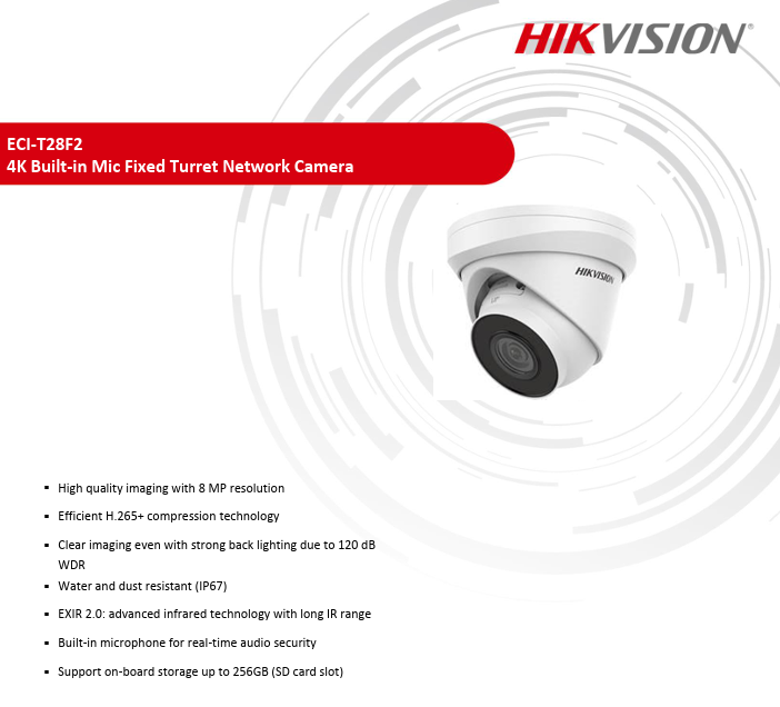 Hikvision 4K 8MP ECI-T28F2 IP Turret Camera Built-in Mic Metal Housing 2.8mm