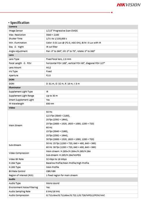 Hikvision 4K 8MP ECI-T28F2 IP Turret Camera Built-in Mic Metal Housing 2.8mm