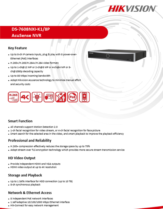 Hikvision 4K 8CH K Series AcuSense NVR 80 Mbps Bandwidth W/2TB HDD US Version