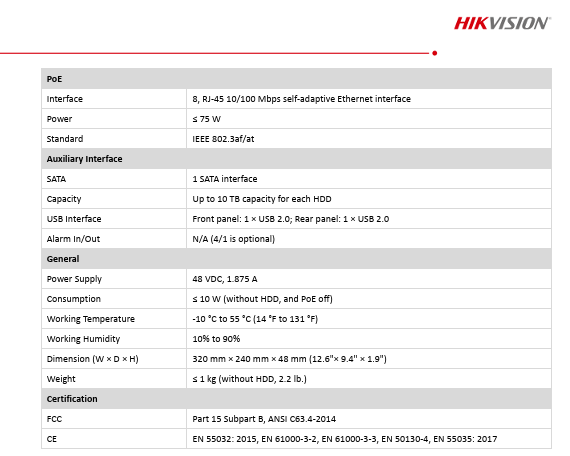 Hikvision 4K 8CH K Series AcuSense NVR 80 Mbps Bandwidth W/2TB HDD US Version