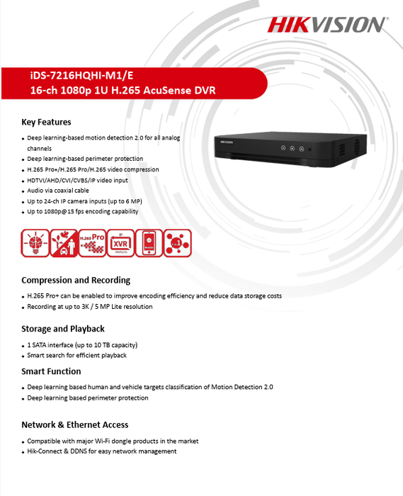 Hikvision 16CH AcuSense DVR 1080P HDTVI/AHD/CVI/CVBS/IP Video Inputs Human & Vehicle Detection NO HDD