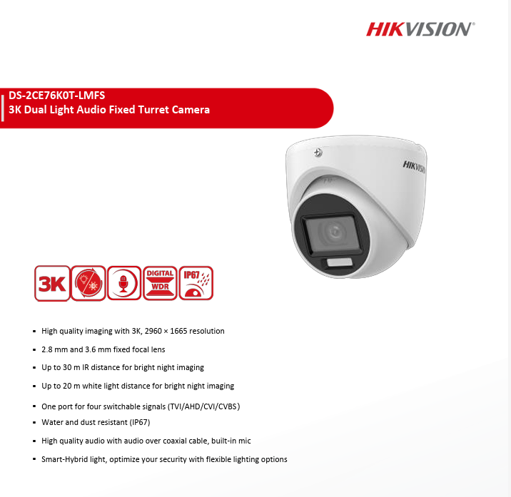 Hikvision DS-2CE76K0T-LMFS 3K Smart Hybrid Light Fixed Turret TVI/AHD/CVI/CVBS Camera Audio over Coaxial Cable Built-in Mic 2.8MM