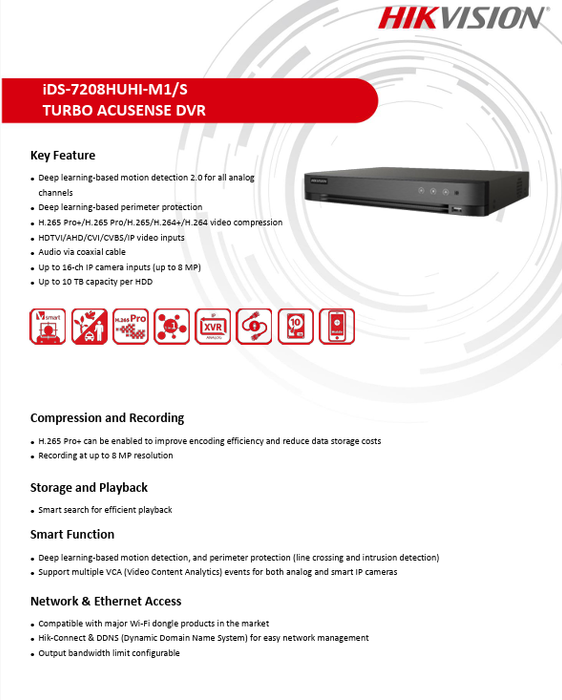 Hikvision iDS-7208HUHI-M1/S 8CH 5MP 1U H.265 AcuSense DVR Encoding Abilty 8MP @ 8FPS & 5MP @ 12FPS W/2TB HDD