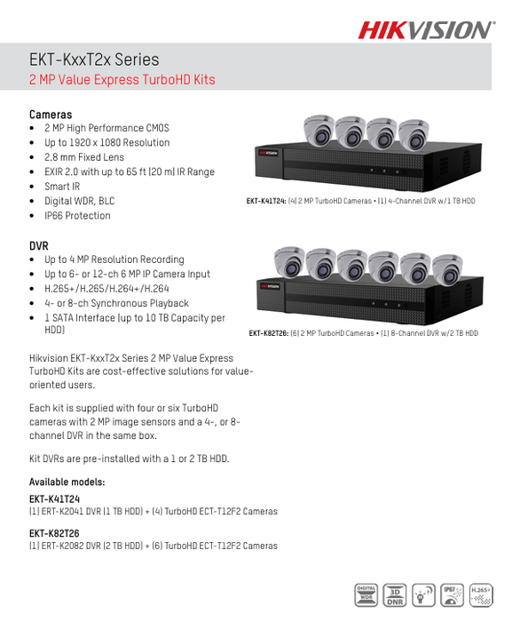 Hikvision EKT-K82T26 2MP Value Express TurboHD Kits 6PC TurboHD ECT-T12F2 Cameras & 1PC 8CH  ERT-K2082 DVR W/2T