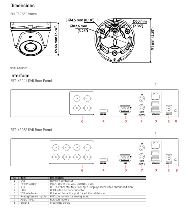 Hikvision EKT-K82T26 2MP Value Express TurboHD Kits 6PC TurboHD ECT-T12F2 Cameras & 1PC 8CH  ERT-K2082 DVR W/2T
