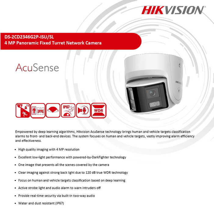 Hikvision DS-2CD2346G2P-ISU/SL 4MP Panoramic AcuSense Fixed Turret IP Network Camera DarkFighter Human & Vehicle  Detection
