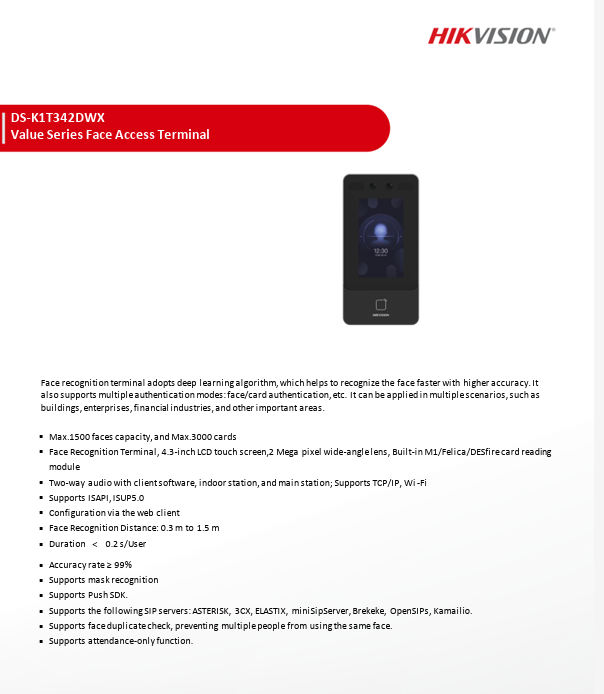 Hikvision DS-K1T342DWX Value Series Face Access Terminal