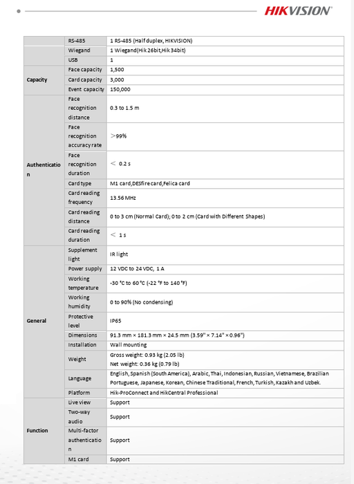 Hikvision DS-K1T342DWX Value Series Face Access Terminal