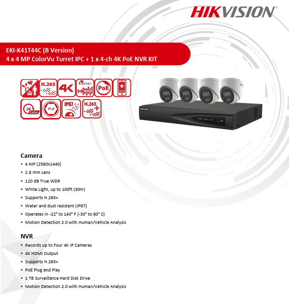 Hikvision EKI-K41T44C 4PC 4MP IP ColorVu Cameras  DS-2CD1347G2-LUF 2.8mm 1PC 4CH NVR ERI-K104-P4 w/1TB  HDD
