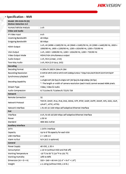 Hikvision EKI-K41T44C 4PC 4MP IP ColorVu Cameras  DS-2CD1347G2-LUF 2.8mm 1PC 4CH NVR ERI-K104-P4 w/1TB  HDD