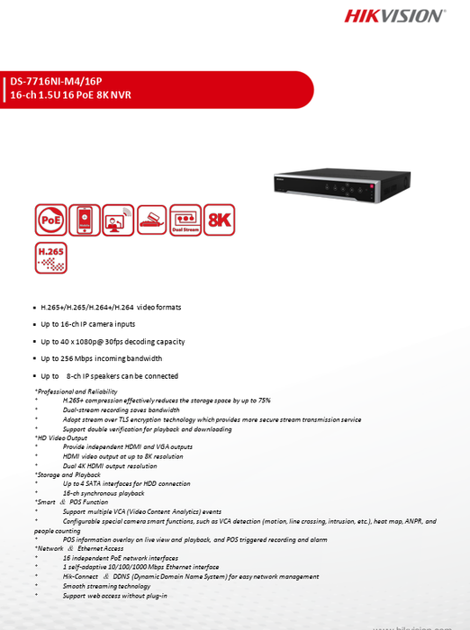 Hikvision M Series 16CH 8K 32MP NVR w/16 POE Port w/8TB HDD US Version